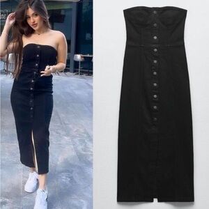 Zara Black Strapless Button-Down Dress